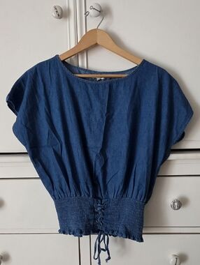 Blue DENIM Women's Top with Lace-Up Detail IN FRONT